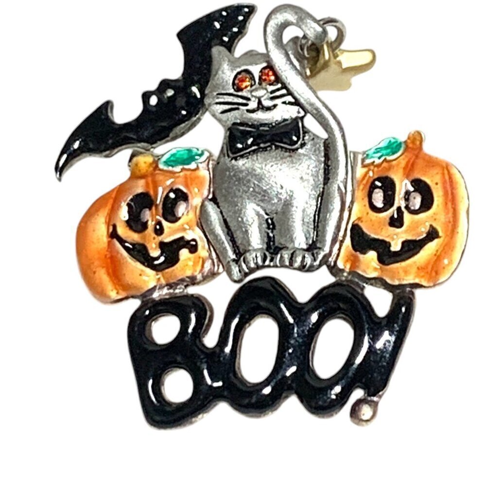 Vintage Halloween Cat Brooch With Jack O' Lanterns & Bat Silver Orange Black 2"